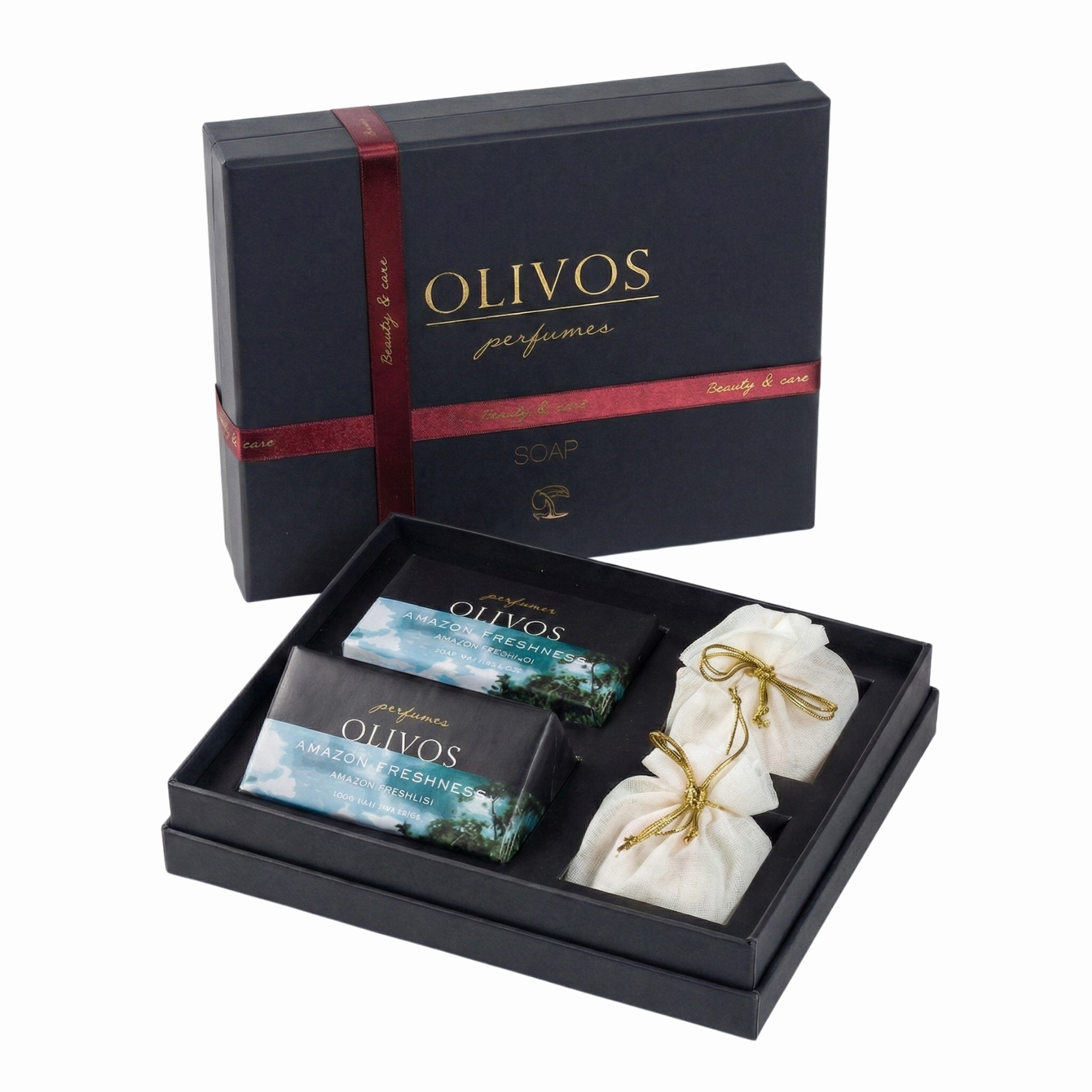 Olivos Parfüm Serisi Amazon Ferahlığı Hediye Seti: 2 x 250 gr Katı Sabun + 2 x 100 gr Granül Sabun