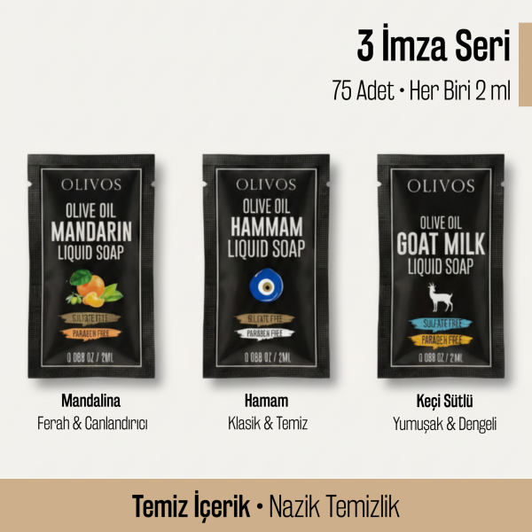 Olivos Tek Kullanımlık Zeytinyağlı Sıvı Sabun Seti 2 ml x 75 Adet, Paraben & Sülfat İçermez